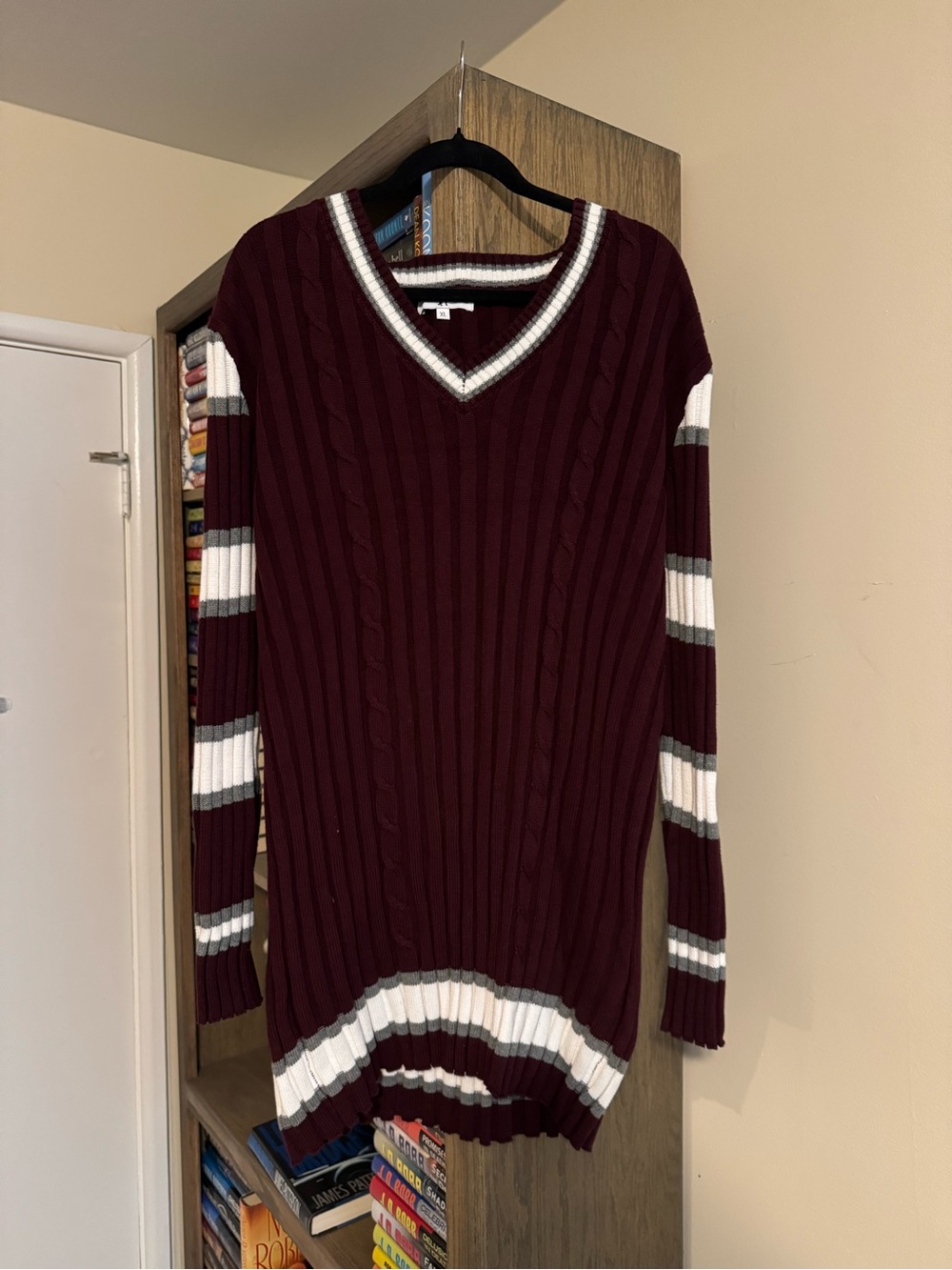 V-Neck Ribbed Sweater Dress in Burgundy with White & Gray Trim